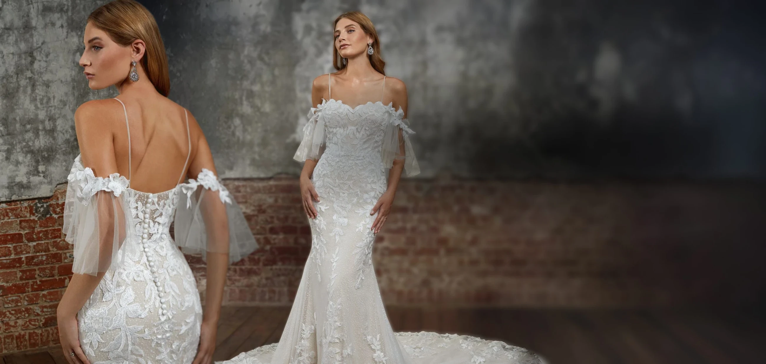 Model wearing Mark Lesley bridal dress, desktop banner